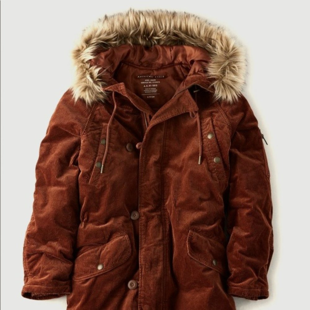 AE Women's mid-length rust/orange Corduroy Jacket w/ faux fur hood -  XS